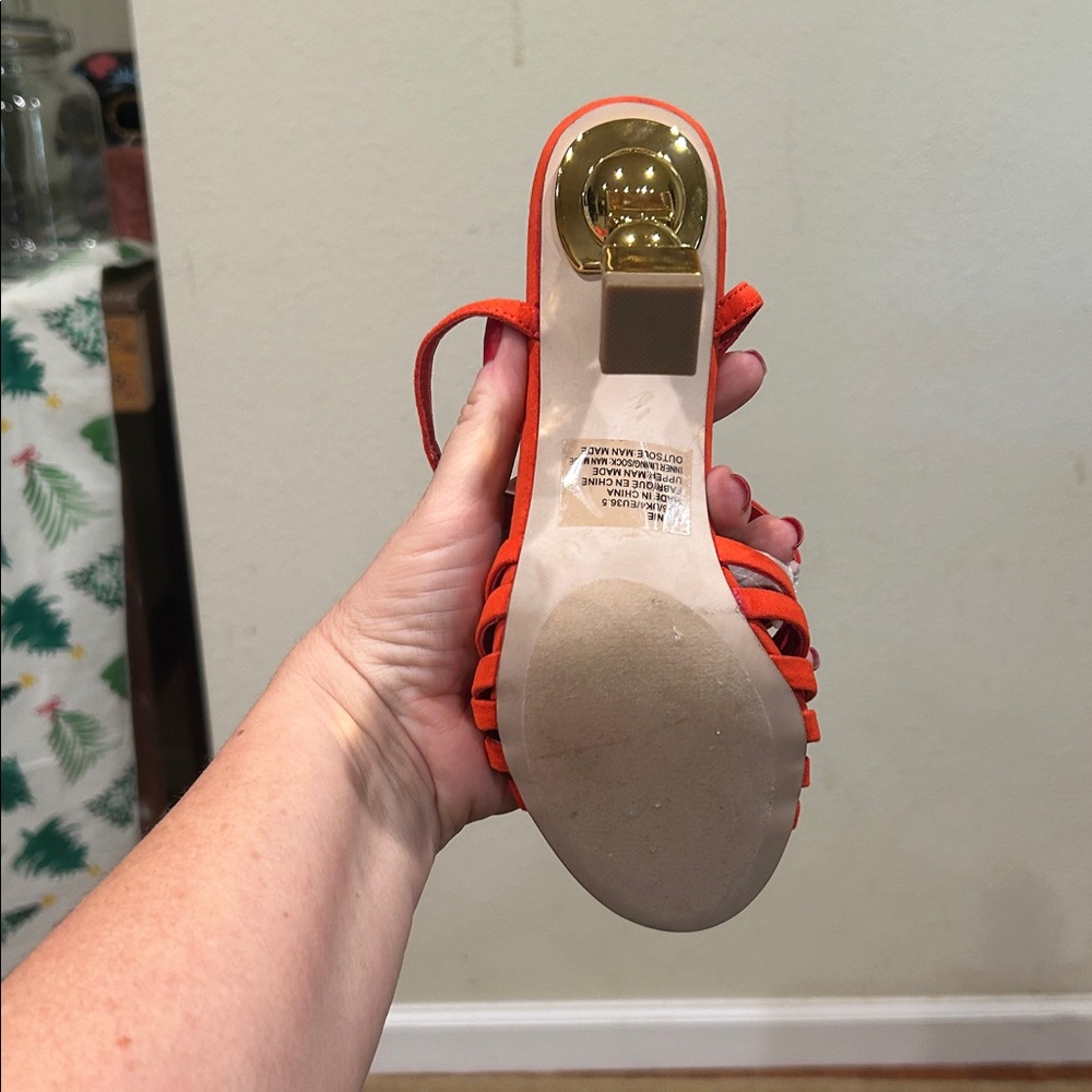 Shoe Dazzle Red Strappy Heels with Gold Accents - Picture 4 of 5